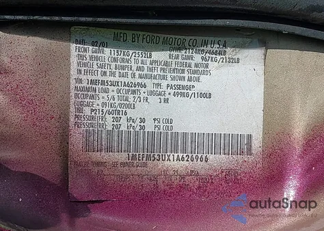 2001 Mercury Sable Ls from USA, damaged, VIN 1MEFM53UX1A626966